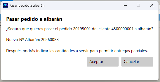 El aviso tal como sale en pantalla, con el número de albarán que se va a crear.