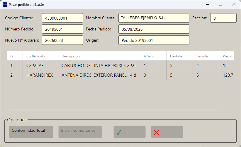 Arriba los datos del pedido, en medio las líneas con la columna A Servir editable, y abajo los botones.