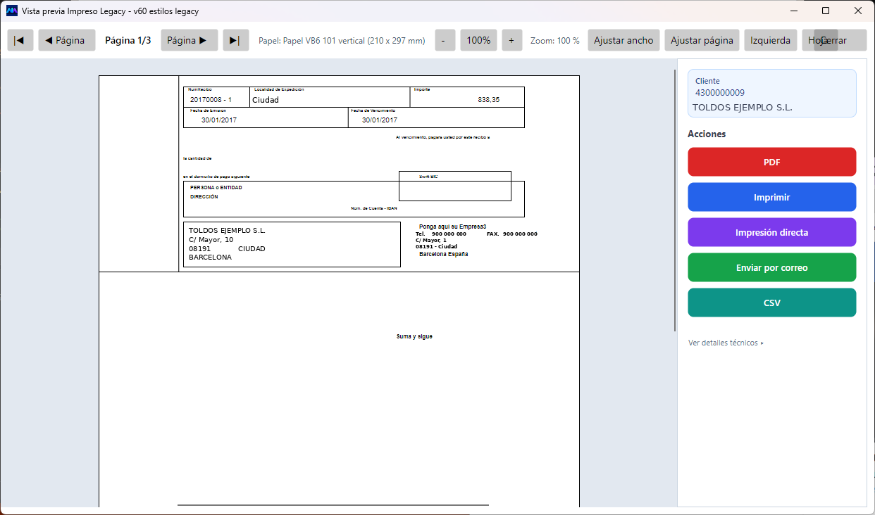 El impreso del recibo, listo para imprimir, mandar por correo o guardar en PDF.