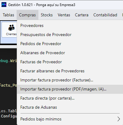 El menú de Compras, con las dos formas de importar: Facturae para XML y la IA para PDF o imagen.