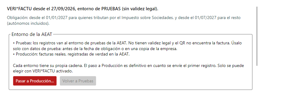 El cuadro de entorno explica la diferencia y permite pasar a Producción.