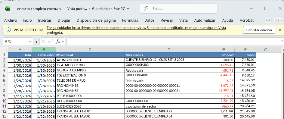Un extracto descargado del banco, tal como sale: cada banco pone sus columnas en su orden y con sus nombres.