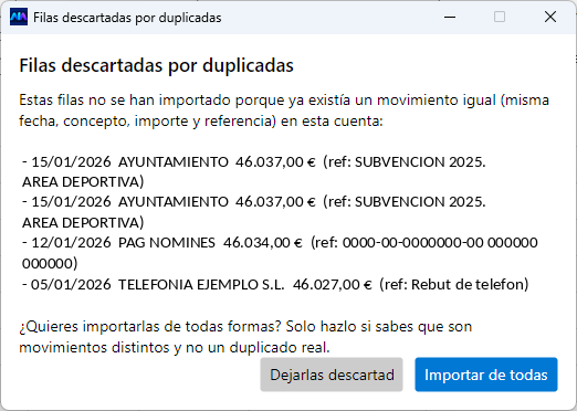 El programa lista las filas descartadas y pregunta si quieres meterlas de todas formas.