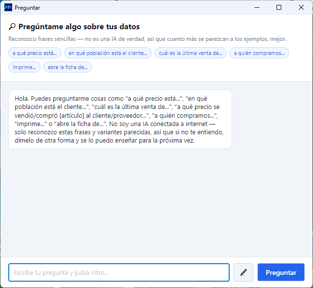 La ventana de Preguntar recién abierta: arriba los ejemplos, en medio la conversación, abajo la caja de texto.