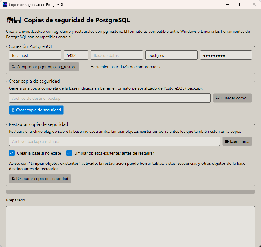 La pantalla avanzada de PostgreSQL, con la conexión, la creación de la copia y la restauración.