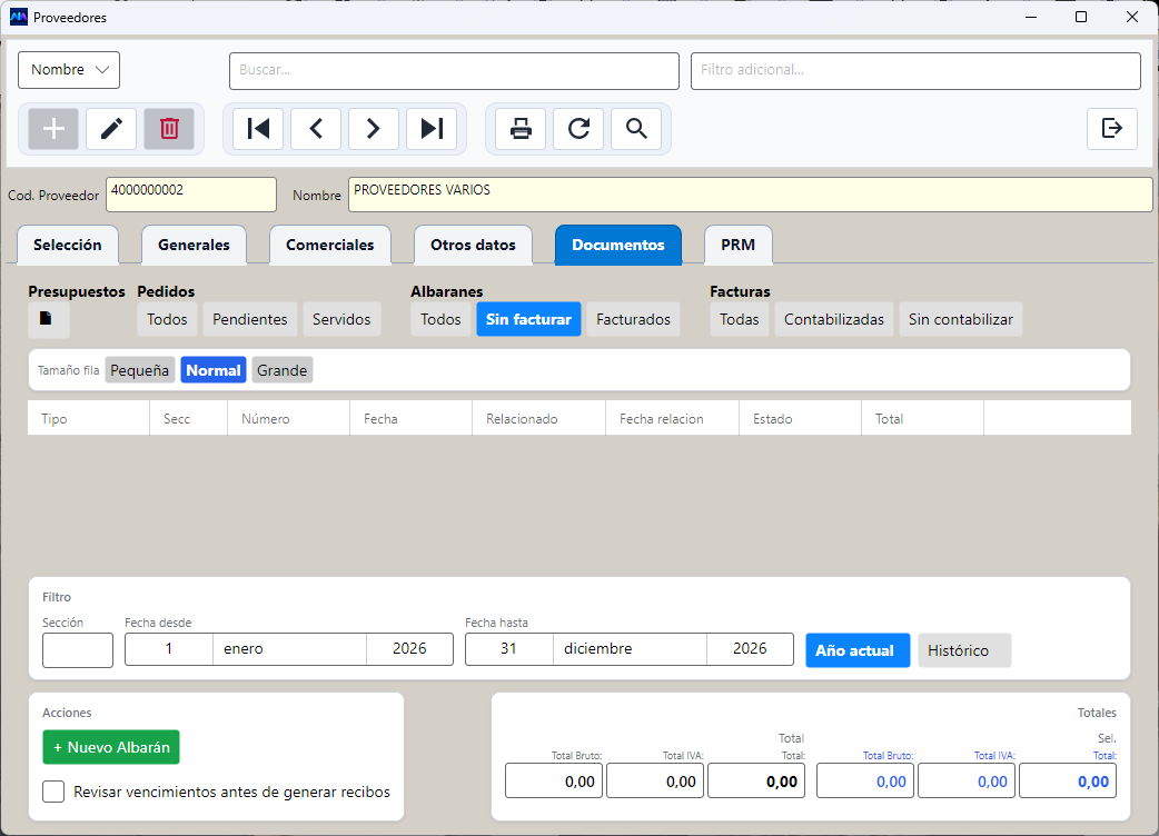 La pestaña Documentos del proveedor: todos sus documentos, con filtros por tipo y estado.