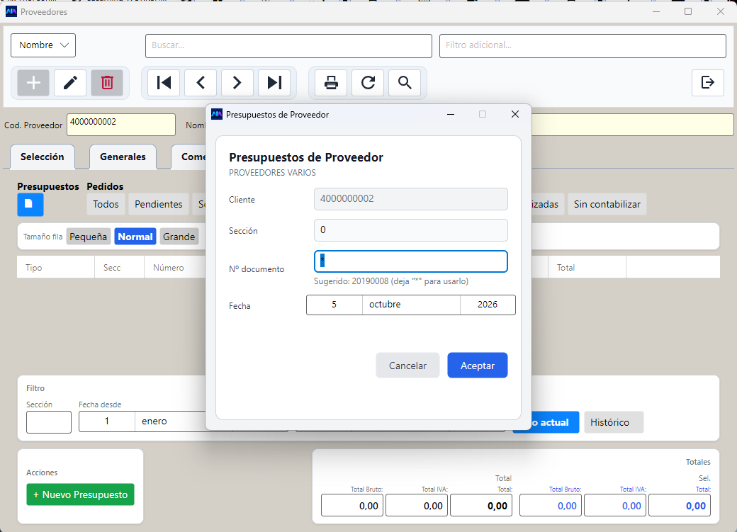 Al crear el documento, el programa propone el número siguiente.