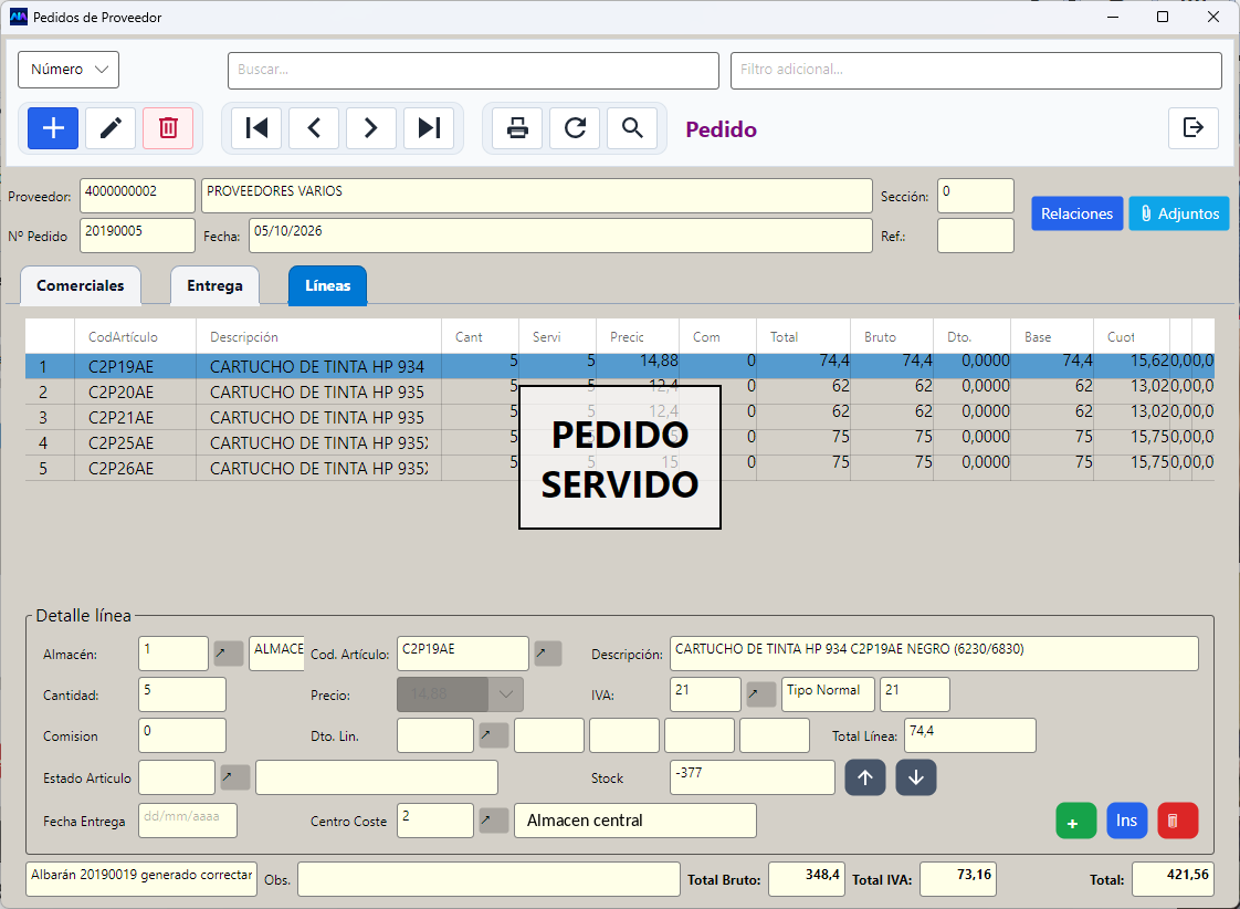 Cuando se ha servido todo, el pedido queda marcado.