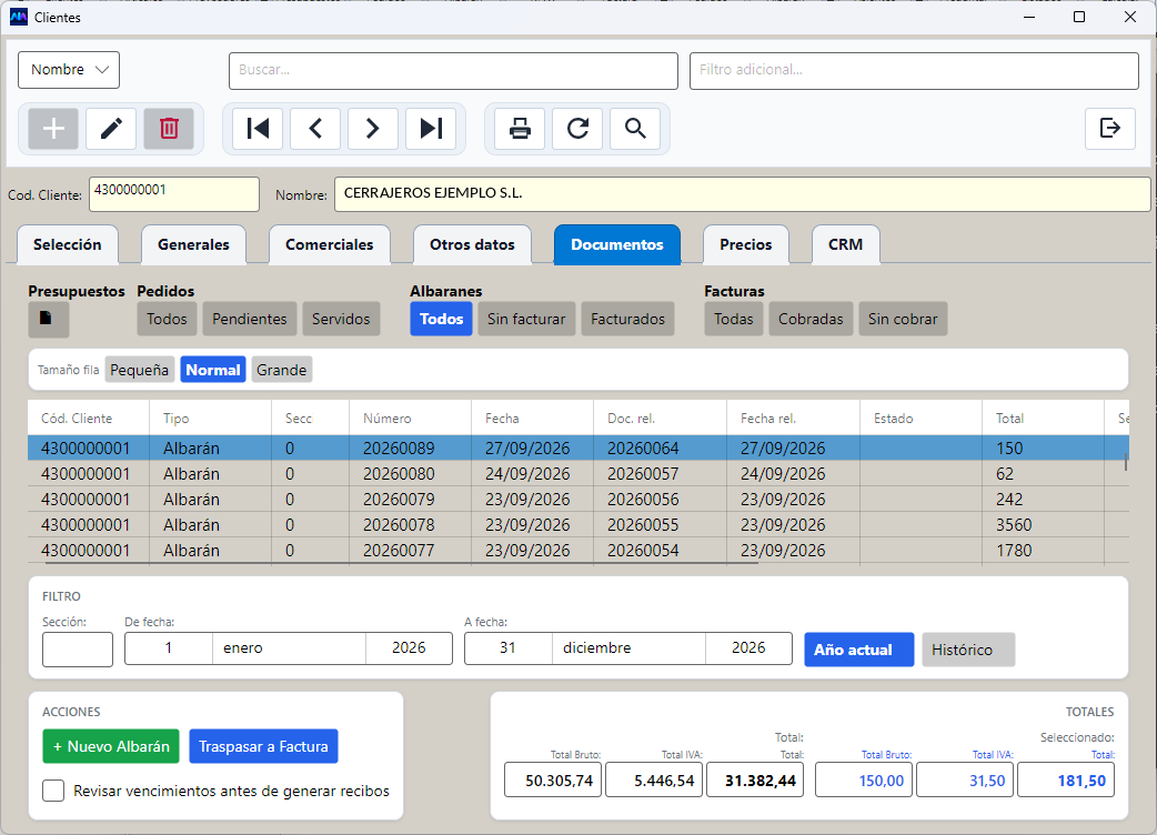 Los documentos del cliente agrupados por tipo, con los filtros de fecha y los totales abajo.