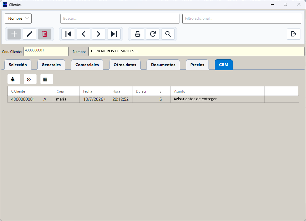Una anotación de CRM con su fecha, hora y asunto.