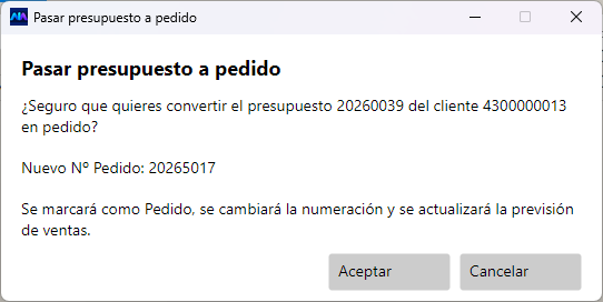 El aviso de conversión dice el número que va a llevar el pedido y qué va a cambiar.