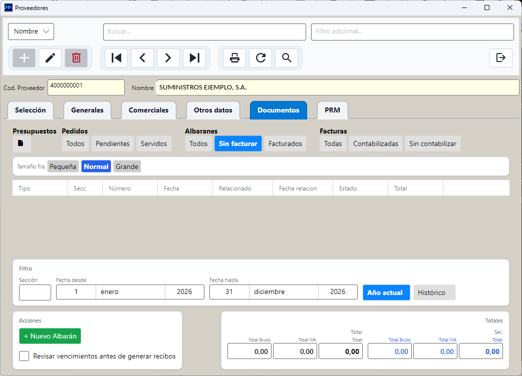 Los documentos del proveedor, con los mismos grupos y filtros que en el cliente.