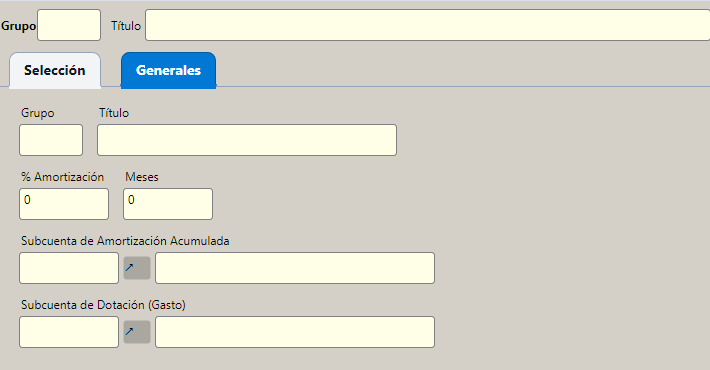 La ficha de un grupo de amortización, con sus meses y sus dos subcuentas.