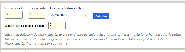 Los filtros del cálculo: desde qué sección hasta cuál, hasta qué fecha, y en qué sección se creará el asiento.