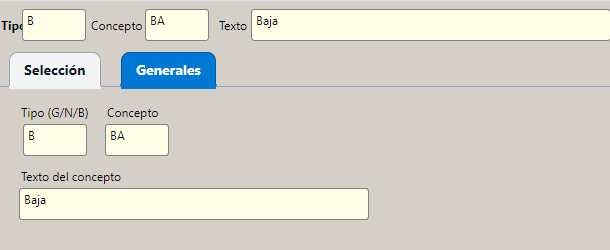 La tabla de conceptos, con su tipo y su texto.