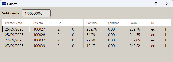 El extracto de una subcuenta, con el saldo acumulándose en cada movimiento.