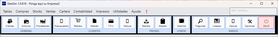 La ventana principal: la barra de menús arriba y los cinco grupos de botones debajo.