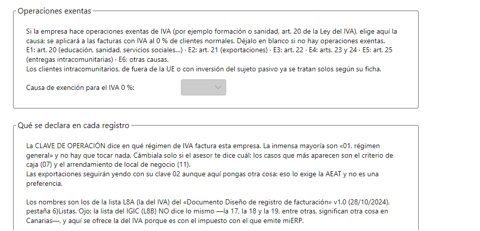Los cuadros de operaciones exentas y de clave de operación, con la explicación en la propia pantalla.