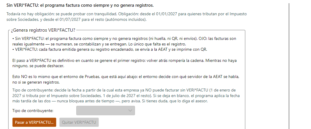 Sin VERI*FACTU activado, el programa factura como siempre: las facturas son reales, pero no se genera el registro.