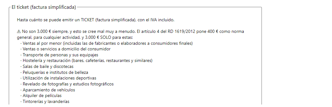 El cuadro del ticket, con el aviso de los 400 € y la lista de actividades que sí llegan a 3.000 €.