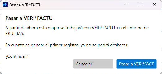 El aviso explica que la empresa pasa a trabajar con VERI*FACTU en el entorno de Pruebas.