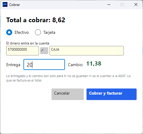 La ventana de cobro: el total, la forma de pago, la cuenta donde entra el dinero, lo que entrega el cliente y el cambio.